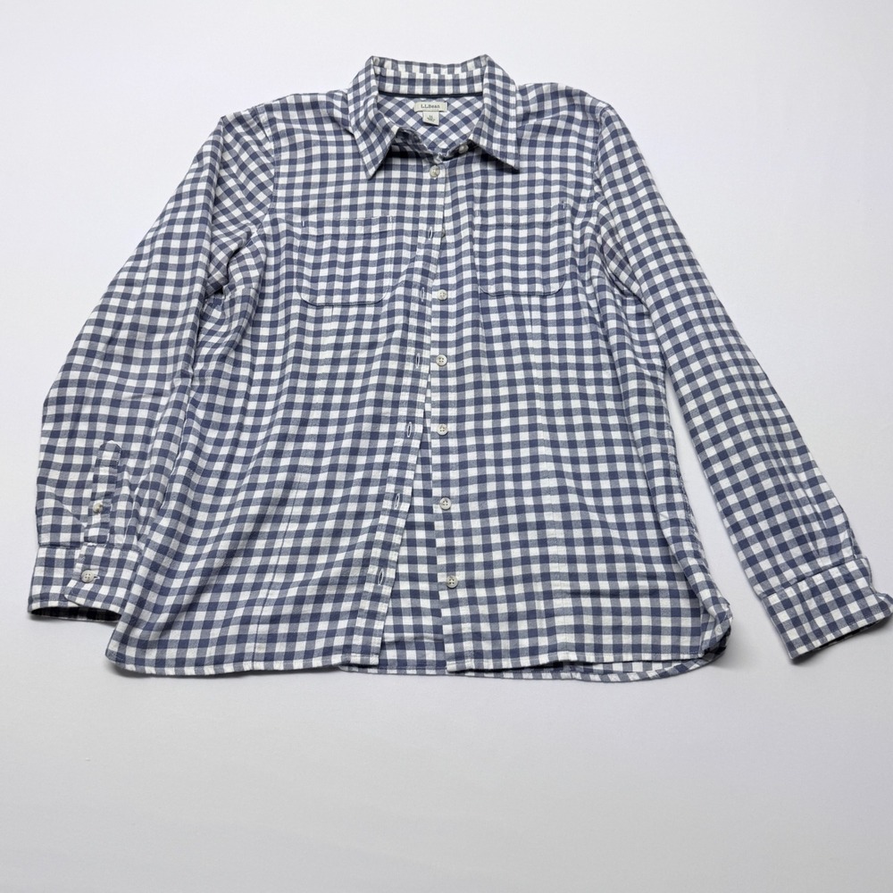 LL Bean Womens Medium Blue White Gingham Check Button Down Shirt Long Sleeve M